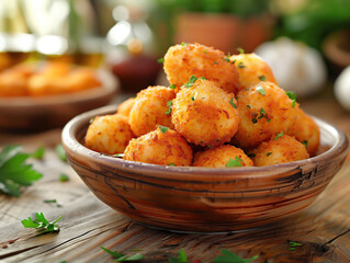 Side view of traditional Spanish croquetas in wooden bowl, rustic food photography