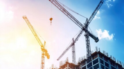 Construction Cranes Against Blue Sky