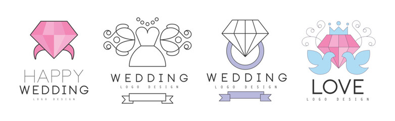 Happy Wedding Logo Design with Marriage Ceremony Element Vector Set