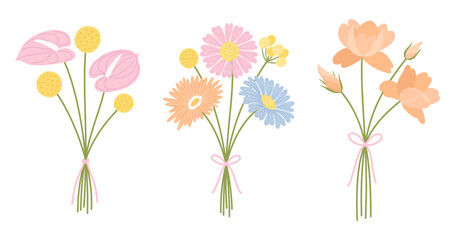Obraz premium Set of three bunch wildflowers. Floral bouquet. Flowers tied with ribbon, vector illustration. Meadow herbs, and wild plants for design projects