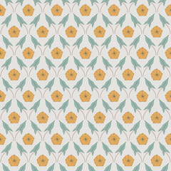 Seamless pattern with flowers and leaves of convolvulus plant. Template with bindweed wildflowers for fashion prints. Diamond shape grid. Gray background. Vector illustration