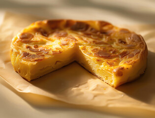 Sliced Tortilla Espanola, Spanish omelette close up with natural sunlight