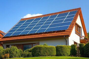 Fototapeta premium Modern Family Home with Rooftop Solar Panel Array for Green Energy on a Clear Sunny Day