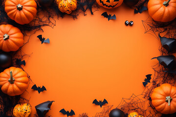 Festive Halloween banner with flat lay decorations on an orange background, featuring spider webs, eyes, and cute little 3D cartoon monsters; a sustainable design with copy space for customization