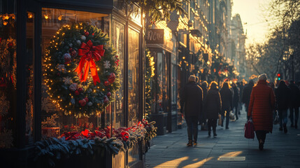 Fototapeta premium Christmas wreath on shop window with festive decorations, holiday shoppers walking on busy winter street
