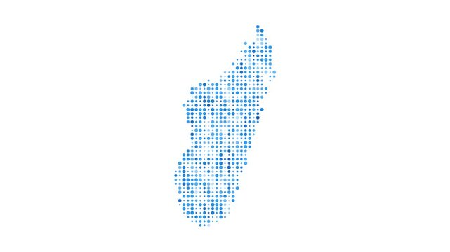Madagascar dotted digital map. Map of Madagascar with pulsating colored circles. Shape of the country filled with blue disks. Radiant video.