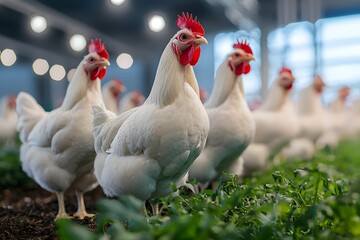 Fototapeta premium Chickens roaming freely in a modern farm facility during daytime