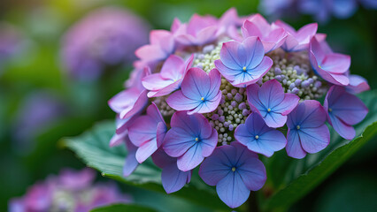 vibrant blue pink hydrangea blooms lush green leaves soft focus background botanical theme