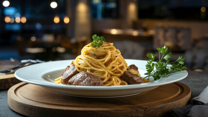 A plate of beef spaghetti aglio e olio garnished with parsley served in a cozy restaurant setting with soft, warm lighting in the background. 