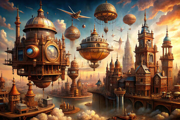 Obraz premium Steampunk world -a fantastical steampunk city. Generative AI