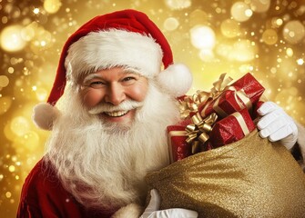 Santa Claus with a golden bag and glittery background is ideal for holiday campaigns, promoting Christmas gifts, sales, and seasonal offers.