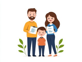 Fototapeta premium Family reviewing health plan brochures, home setting, flat design illustration