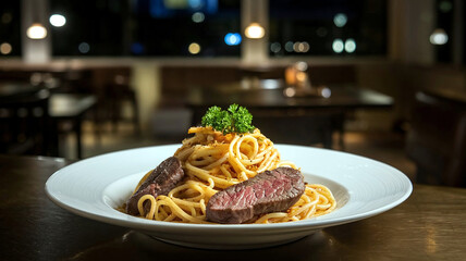 A plate of beef spaghetti aglio e olio garnished with parsley served in a cozy restaurant setting with soft, warm lighting in the background. 