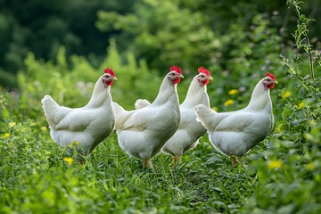 Fototapeta premium Four white chickens foraging in a lush green field during summer