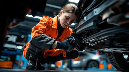 Skilled Female Mechanic Focused on Repairing Car Brakes During Routine Vehicle Maintenance