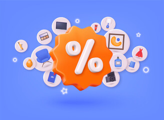 Label with percent, check mark and discount. App icon. 3D Web Vector Illustrations.