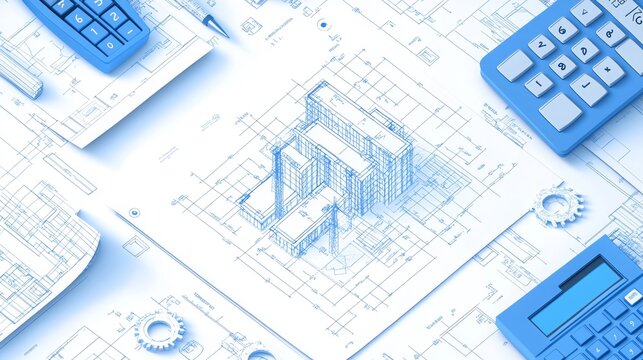 A modern banner background for cost estimation software in construction. Features subtle elements like blueprints, buildings, and technical drawings in soft blues, grays, and whites.