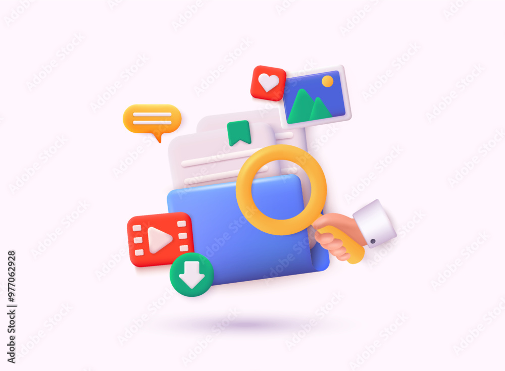 Poster folder with magnifying glass and files. searching image and video files in database. 3d web vector i