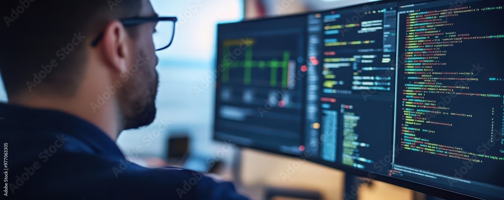 Wall mural close-up of an engineer programming carbon capture software, complex code on screens, technology dev