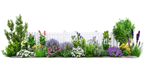 Vibrant garden flowers and greenery against a white fence background