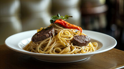 A plate of beef spaghetti aglio e olio garnished with parsley served in a cozy restaurant setting with soft, warm lighting in the background. 