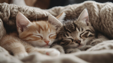 Kittens napping together in a cozy bed.