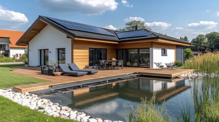 Modern Suburban Home with Solar Panels, Large Deck, and Eco-Friendly Natural Swimming Pool.