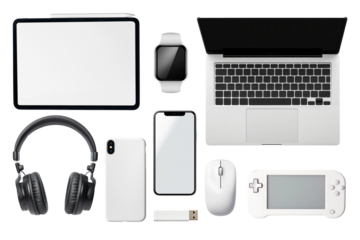 PNG flat lay digital device element set, transparent background