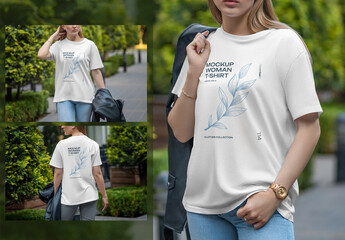 3 T-shirt Mockups on a Girl with a Jacket in Her Hands