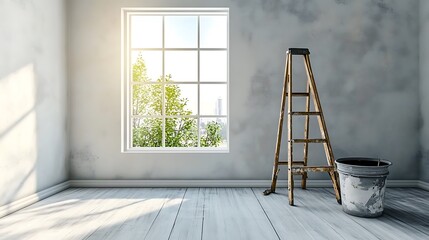 Unfinished Room with Ladder and Paint Bucket