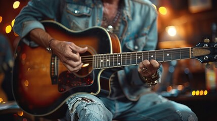 Fototapeta premium A musician passionately plays acoustic guitar on a dimly lit stage surrounded by vibrant lights. Generative AI