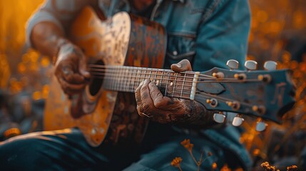 Fototapeta premium A musician passionately strums an acoustic guitar amidst a vibrant sunset in a blooming meadow. Generative AI