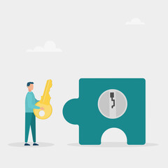 Solve a business problem. A character with a golden key to open the keyhole of a puzzle. Unlock business accessibility. Vector illustration	