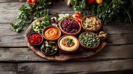 Mezze platter is showcasing various middle eastern dips and salads, including hummus, baba ghanoush and tabbouleh