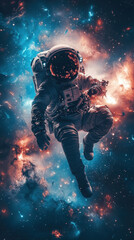 Fototapeta premium Astronaut floating through vibrant nebula with swirling cosmic colors in deep space
