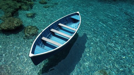 Obraz premium A peaceful scene featuring a blue boat floating serenely on crystal clear water, surrounded by vibrant underwater life.