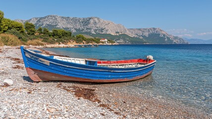 Fototapeta premium A serene coastal scene featuring a blue fishing boat resting on a pebbly beach with picturesque mountains in the background.