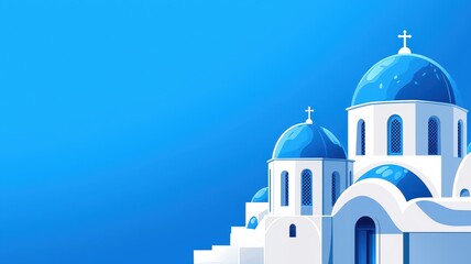 A serene view of white architecture with blue domes against a bright blue sky, capturing the beauty of coastal buildings.