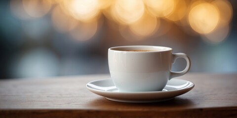 Fototapeta premium A white coffee cup sits on a white plate on a table.
