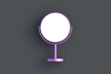 Pink makeup mirror with white isolated space on black background. Cosmetic accessories. Top view. 3d render