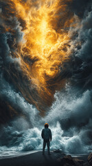 A lone figure stands at the edge of tumultuous waves beneath a dramatic sky illuminated by fiery clouds during a stormy sunset