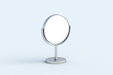 Desktop makeup mirror with white isolated space on gray background. Cosmetic accessories. 3d render