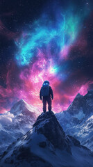 Fototapeta premium A solitary astronaut stands on a mountain peak beneath a vibrant cosmic sky filled with stars and colorful nebulae at night