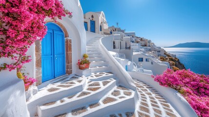 Obraz premium Stunning view of a white-washed building with blue door and vibrant flowers in Santorini, Greece, against a clear blue sky.