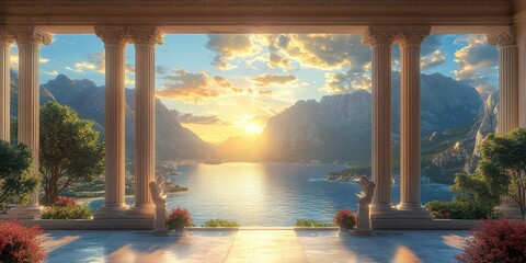 Fototapeta premium an ancient Greek temple at sunset, showcasing its classical architecture with a stunning orange and pink sky. View through the columns creates a perfect scene of serenity and history.