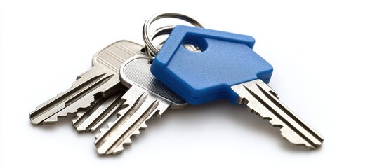 Blue house-shaped keychain with keys symbolizing security and home ownership