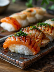 Akagai Nigiri sushi with ark shell clam on a rustic wooden table