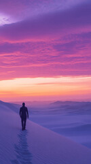A person walks alone on snowy terrain during a vibrant sunset with hues of purple and orange in the sky, creating a serene atmosphere