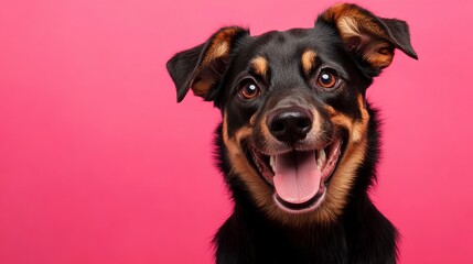 Happy dog with a cheerful face against a bright pink background