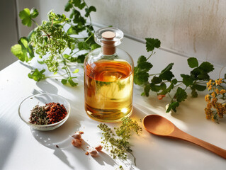 Bottle of organic edible evening primrose oil , clean and minimalist white table.  wooden spoon, evening primrose petals, and a small dish of colorful spices.